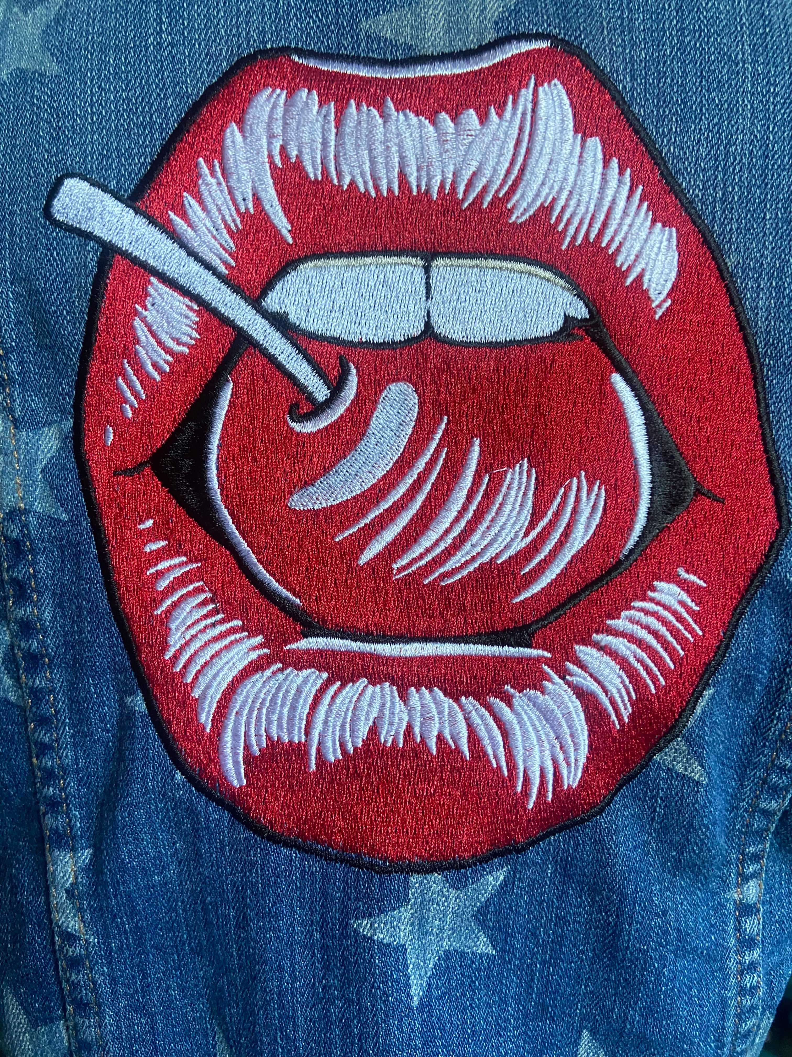 Red Cherry Lips Embroidered Jean Jacket