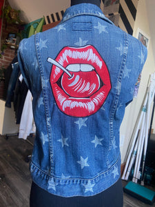 Red Cherry Lips Embroidered Jean Jacket