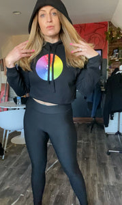 Rainbow peace sign on black cropped hoodie