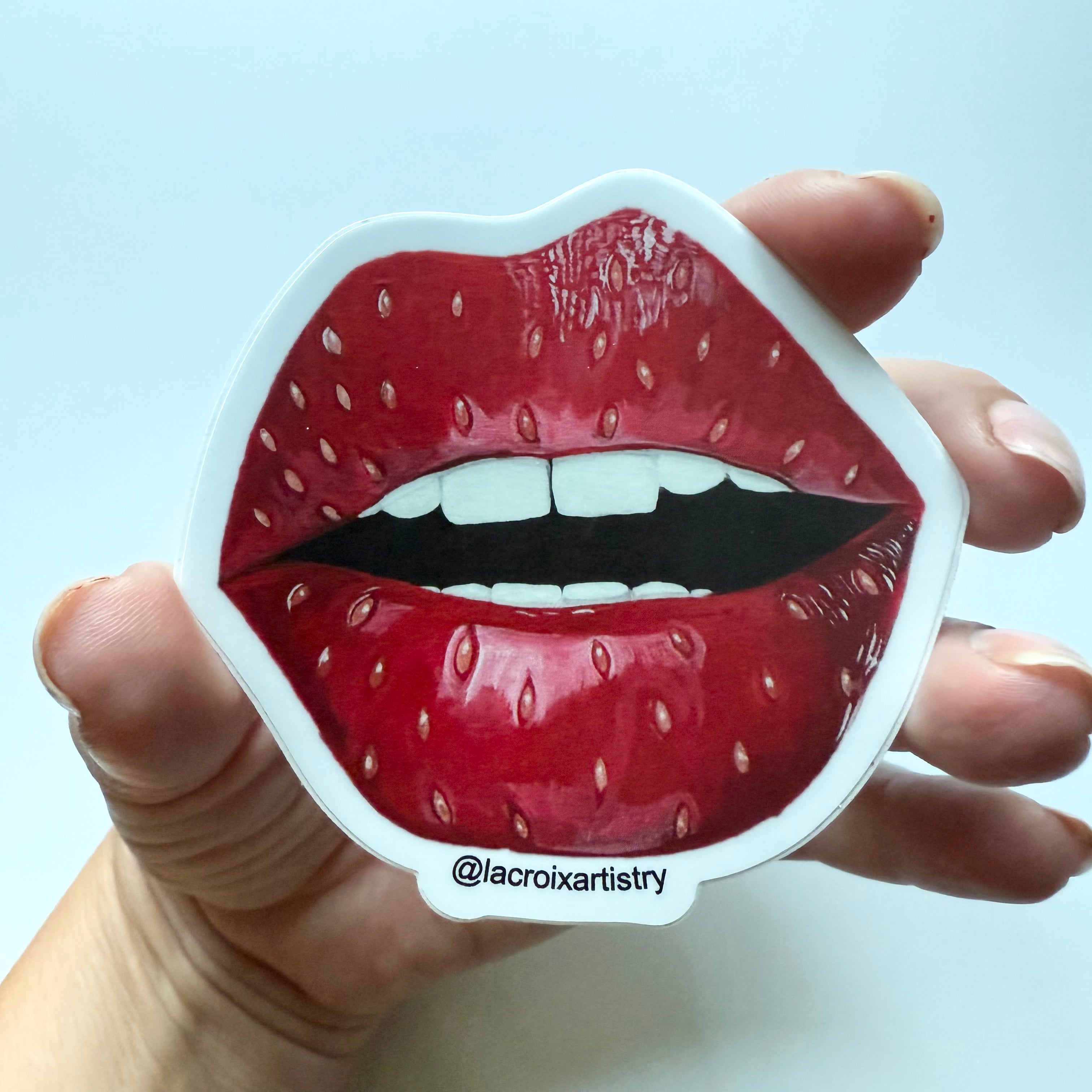 Strawberry Lips Vinyl Sticker – 3” Waterproof & Weatherproof | Fun Fruit Pop Art Decal by LaCroix Artistry