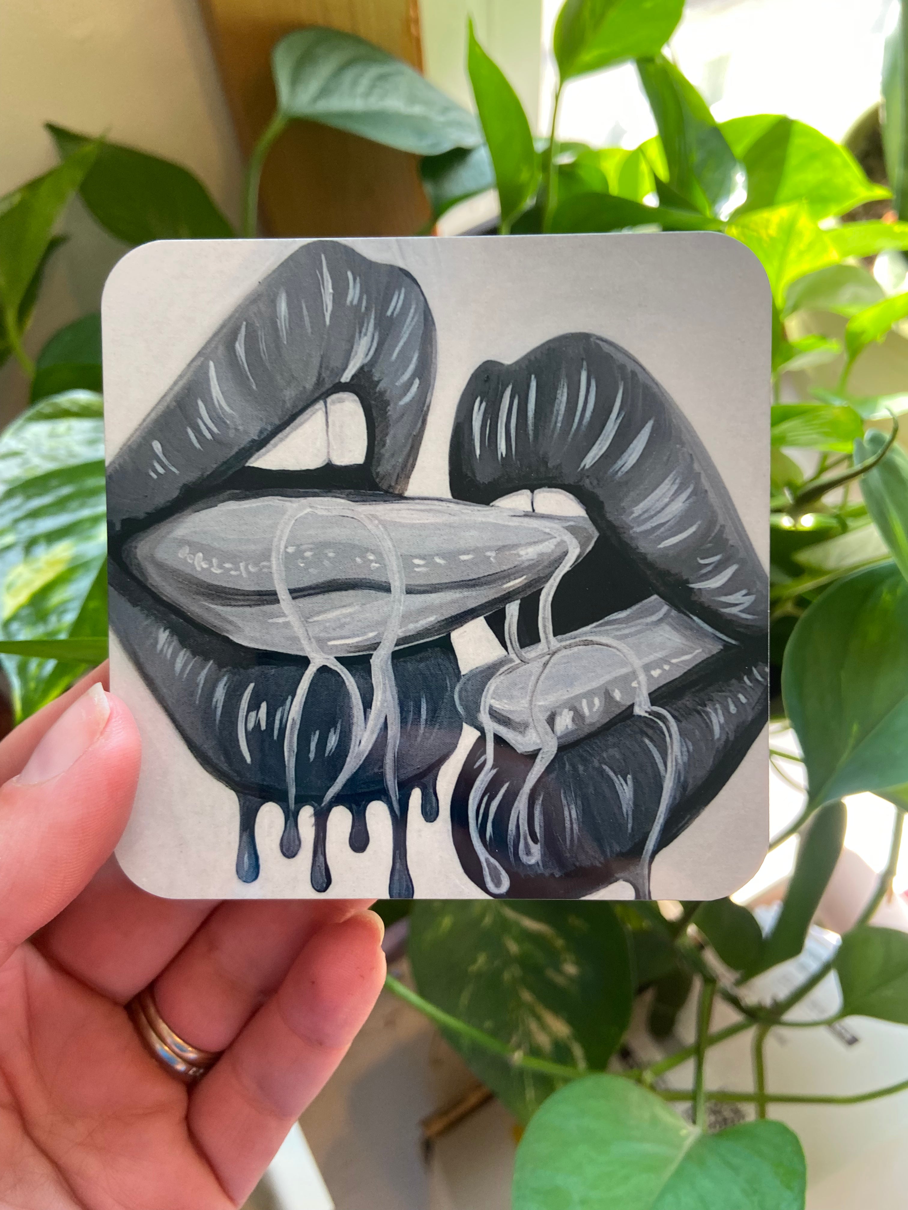 Black and White Licking Lips Cork Backed Coaster