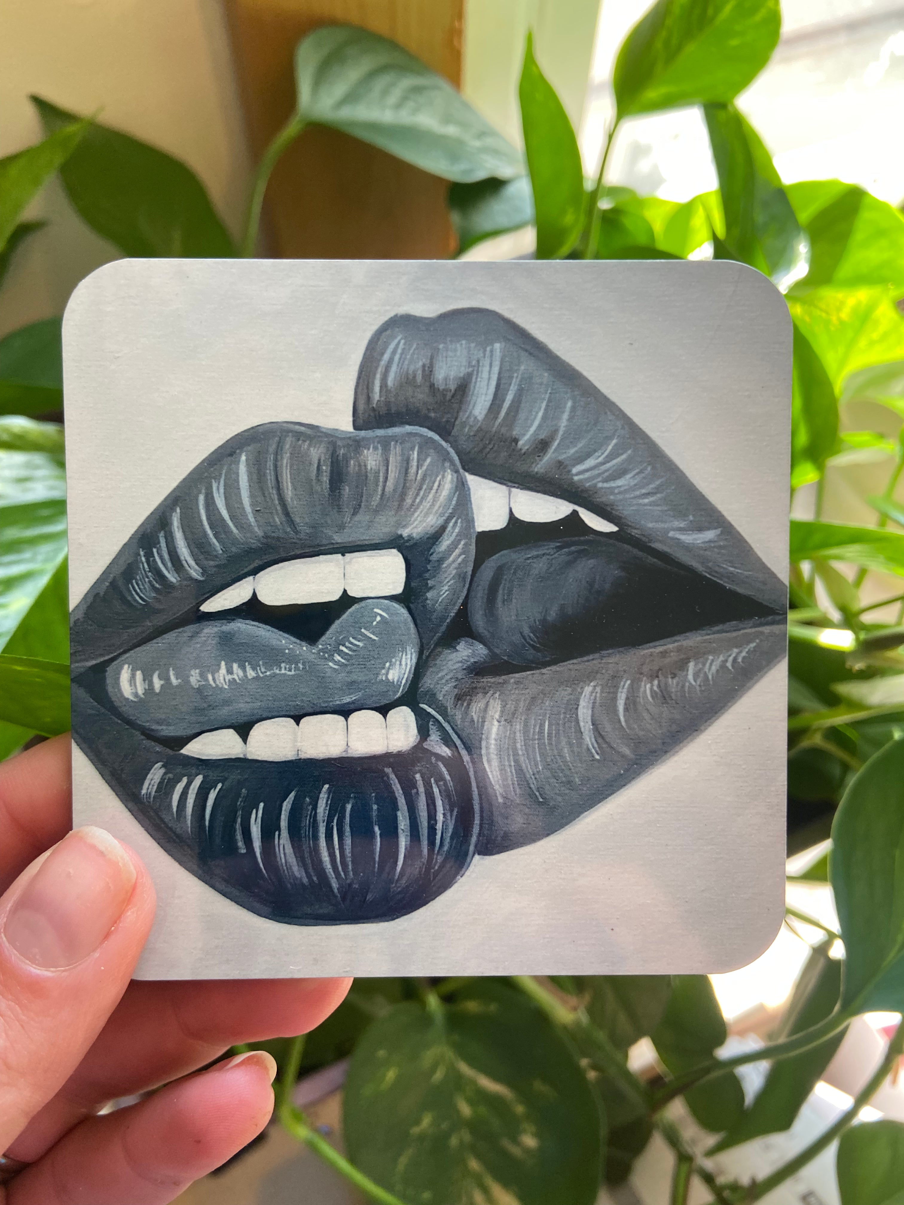 Black and White Lips on Lips Corked Back Coaster