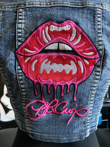 Pink Drip Lip Cropped Sleeveless Jean Jacket