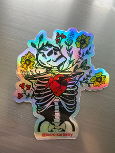 Hollographic skeleton skull flower sticker