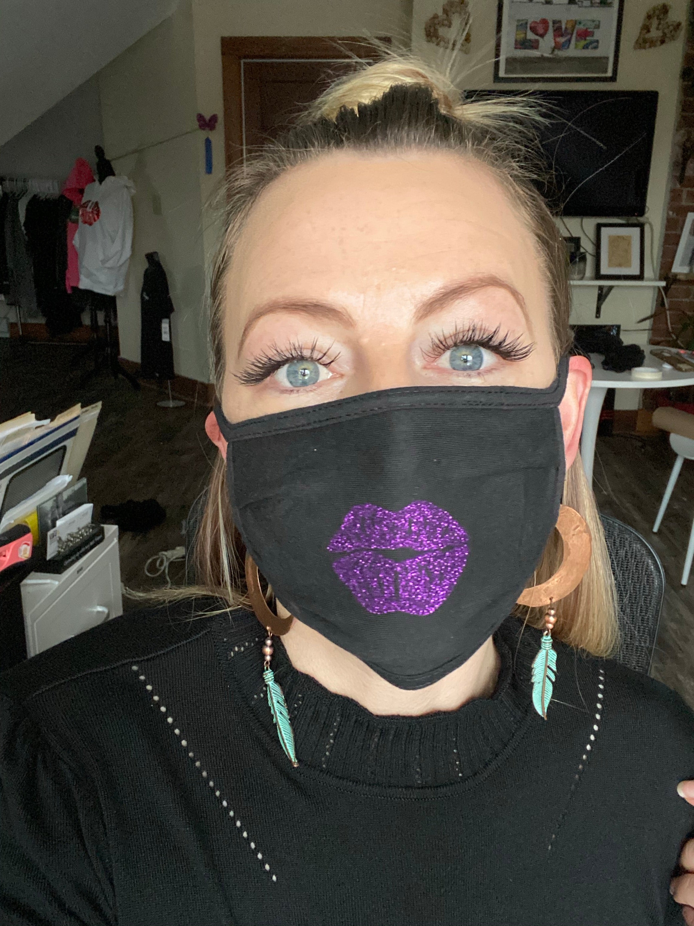 Purple Glitter Lips LaCroix Artistry Black Adjustable Facemask