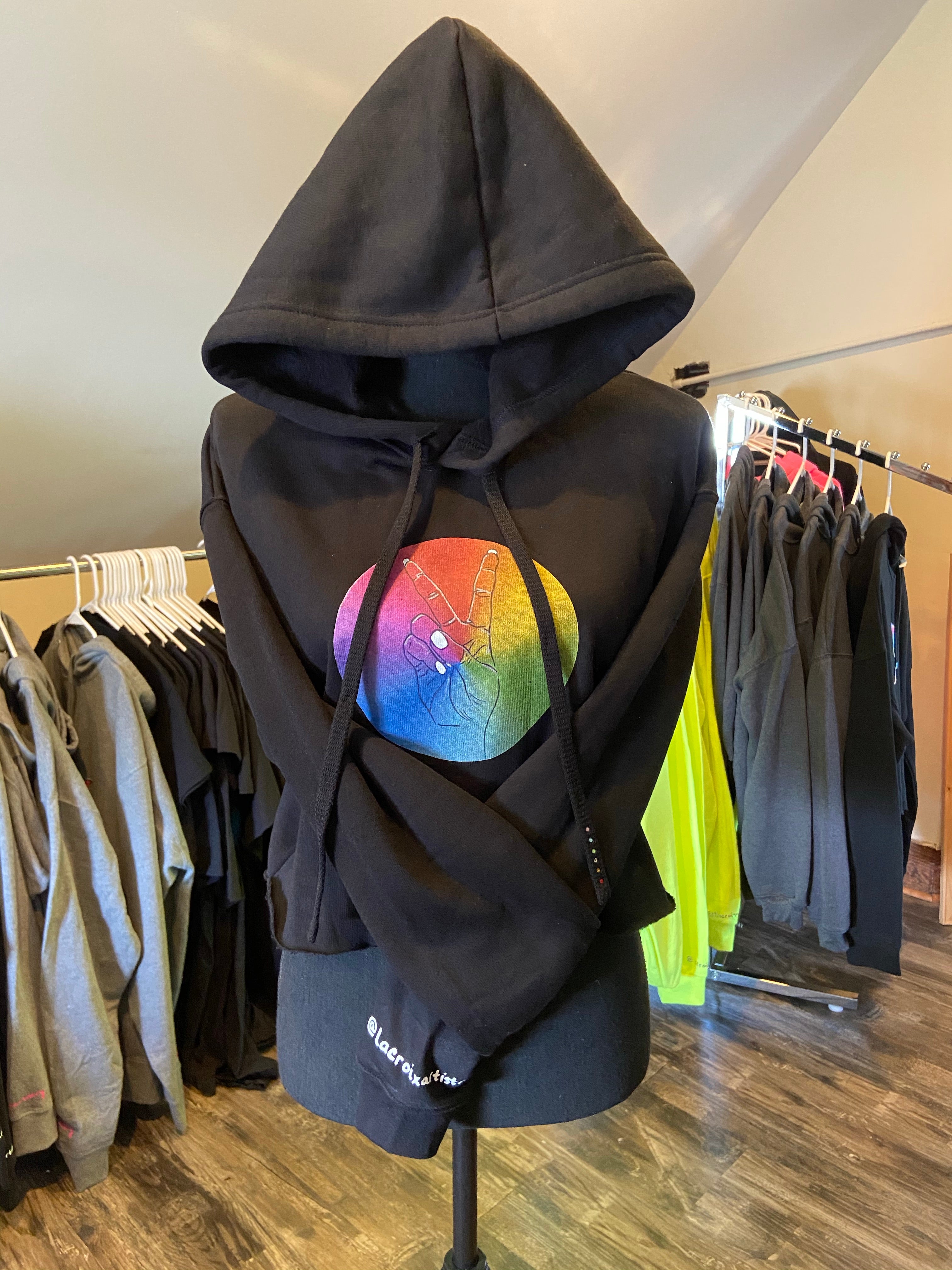 Black hoodie best sale with rainbow writing